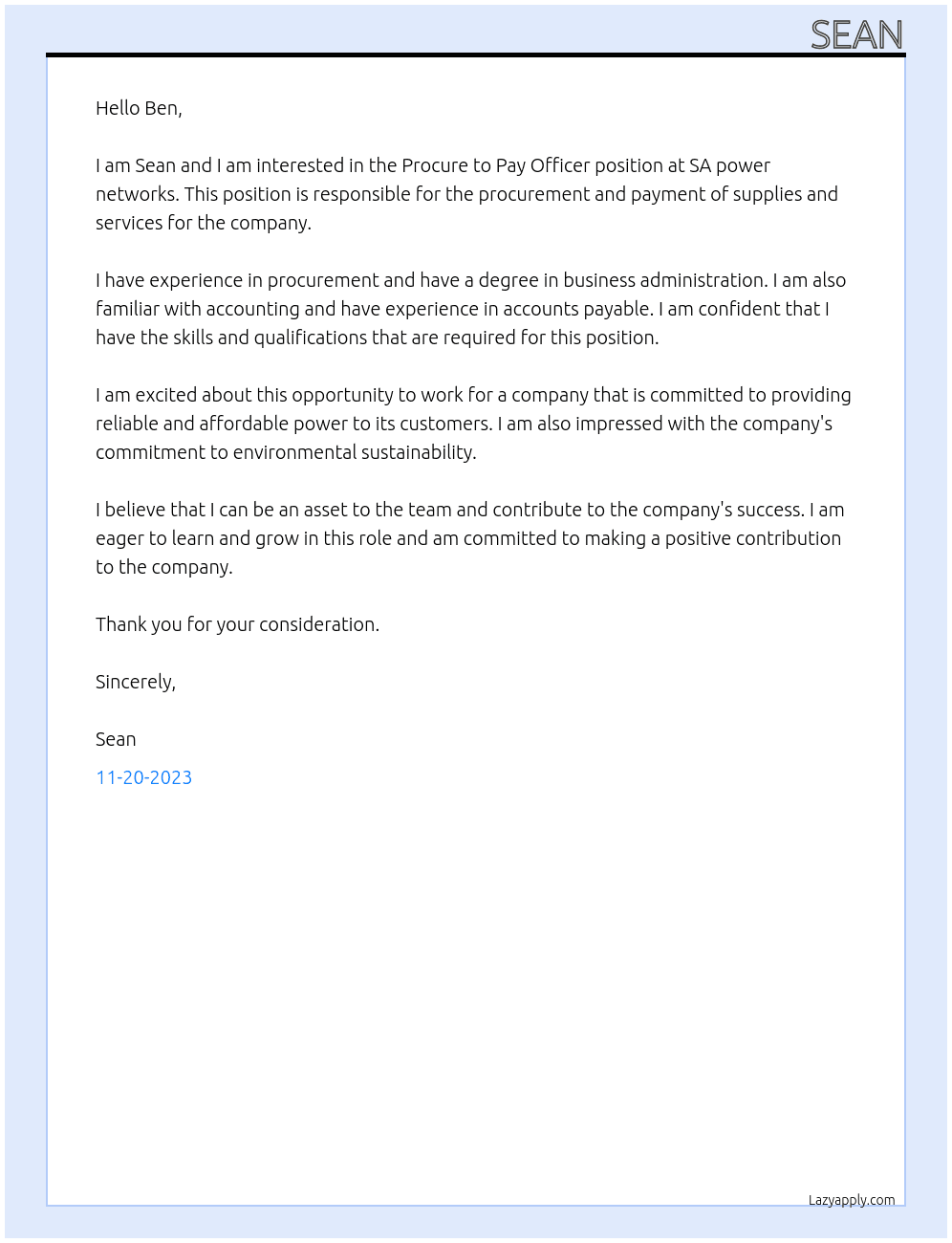 Procure to Pay Officer At SA power networks  Cover Letter