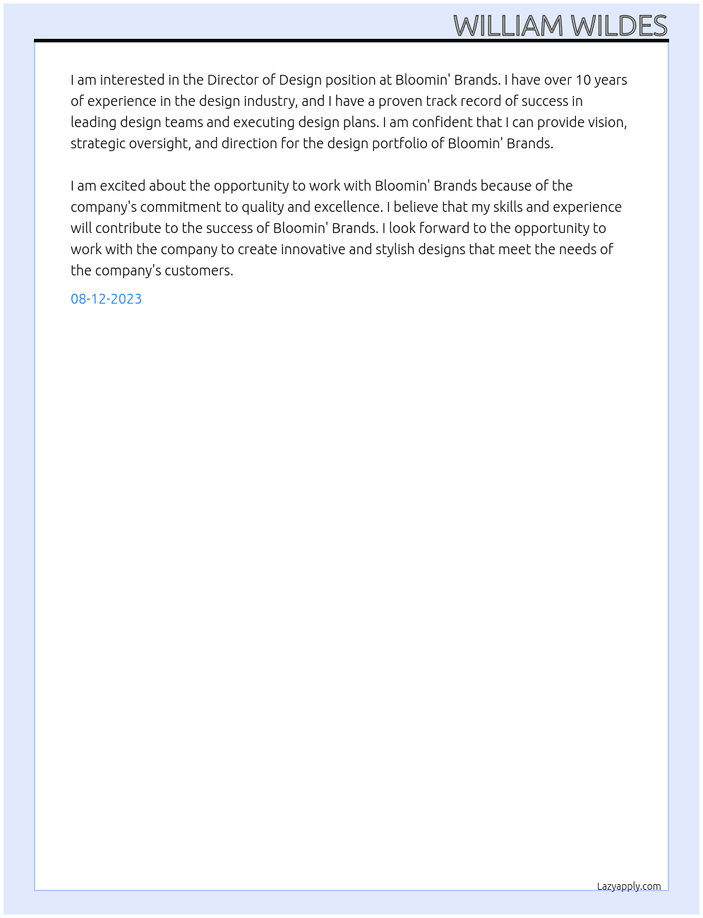 Director of Design At Bloomin' Brands Cover Letter