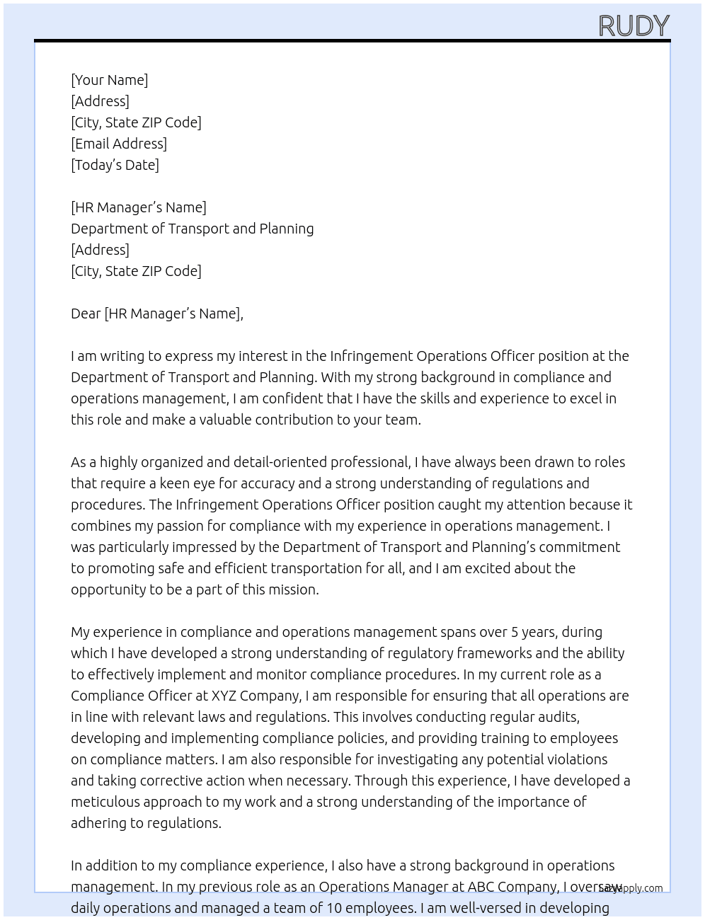 Infringement Operations Officer At Department of Transport and Planning Cover Letter