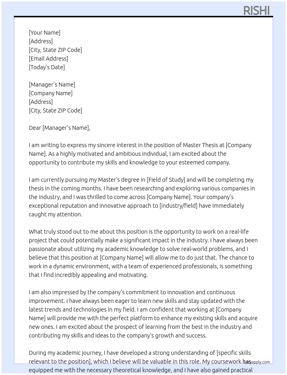 Master thesis  At any Cover Letter