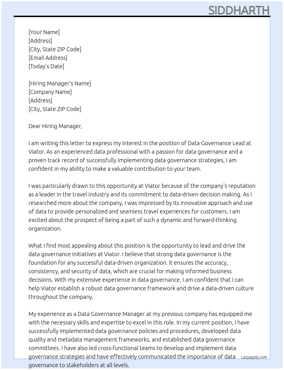 Data Governance Lead At Viator Cover Letter