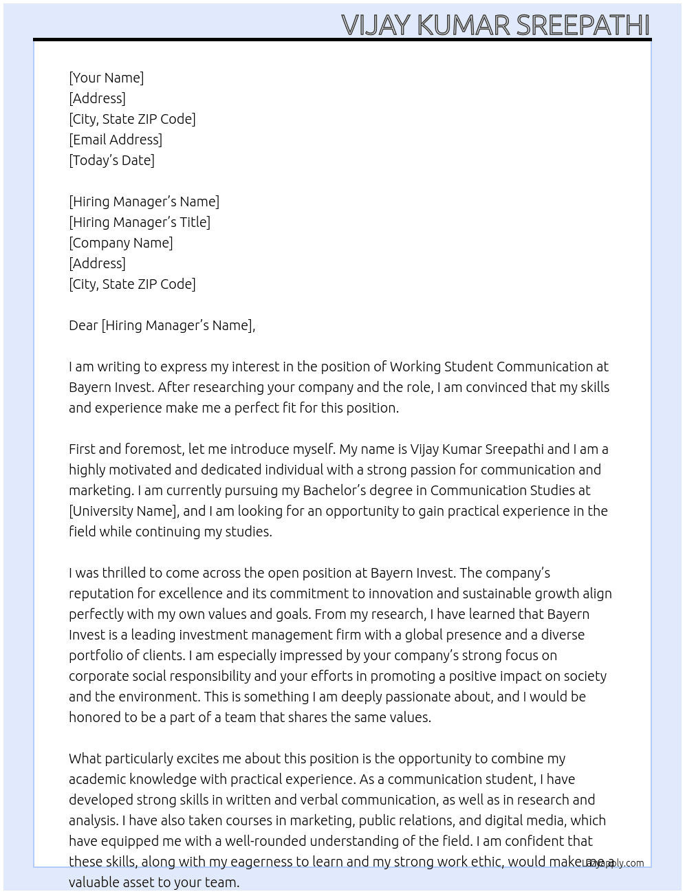 Working student communication At bayern invest Cover Letter