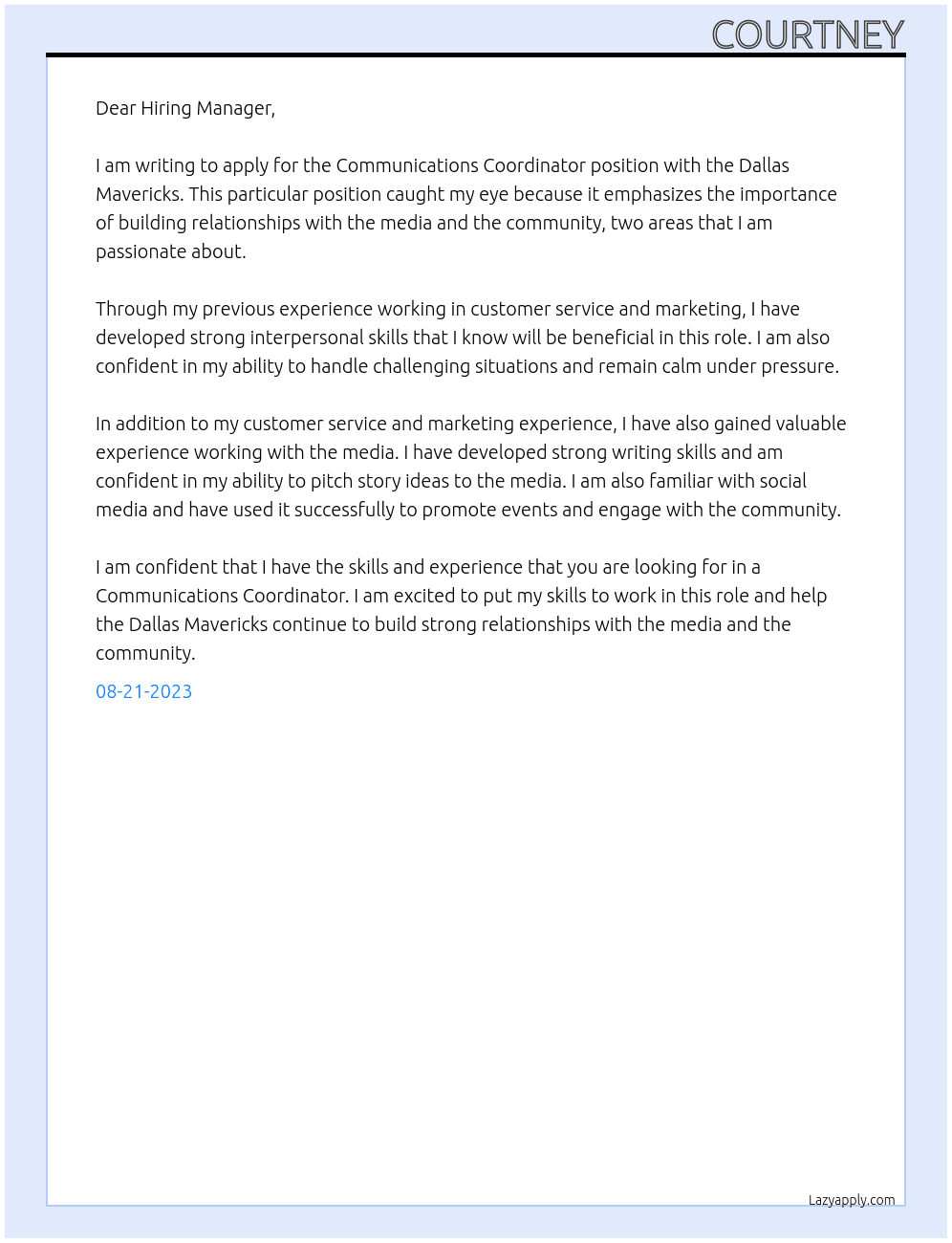 Communications Coordinator At Dallas Mavericks Cover Letter