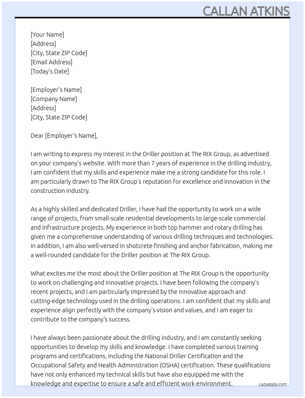 Driller At The RIX Group  Cover Letter