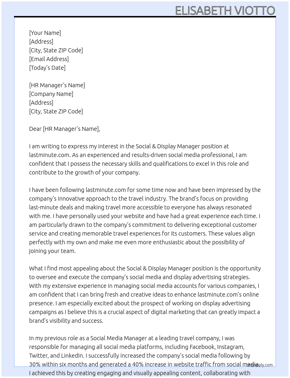 Social & Display Manager  At lastminute.com Cover Letter
