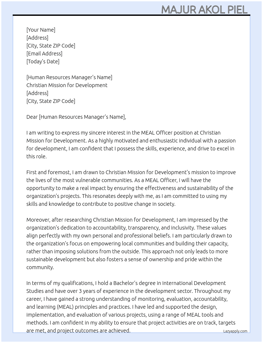 MEAL OFFICER  At Christian Mission for Development  Cover Letter