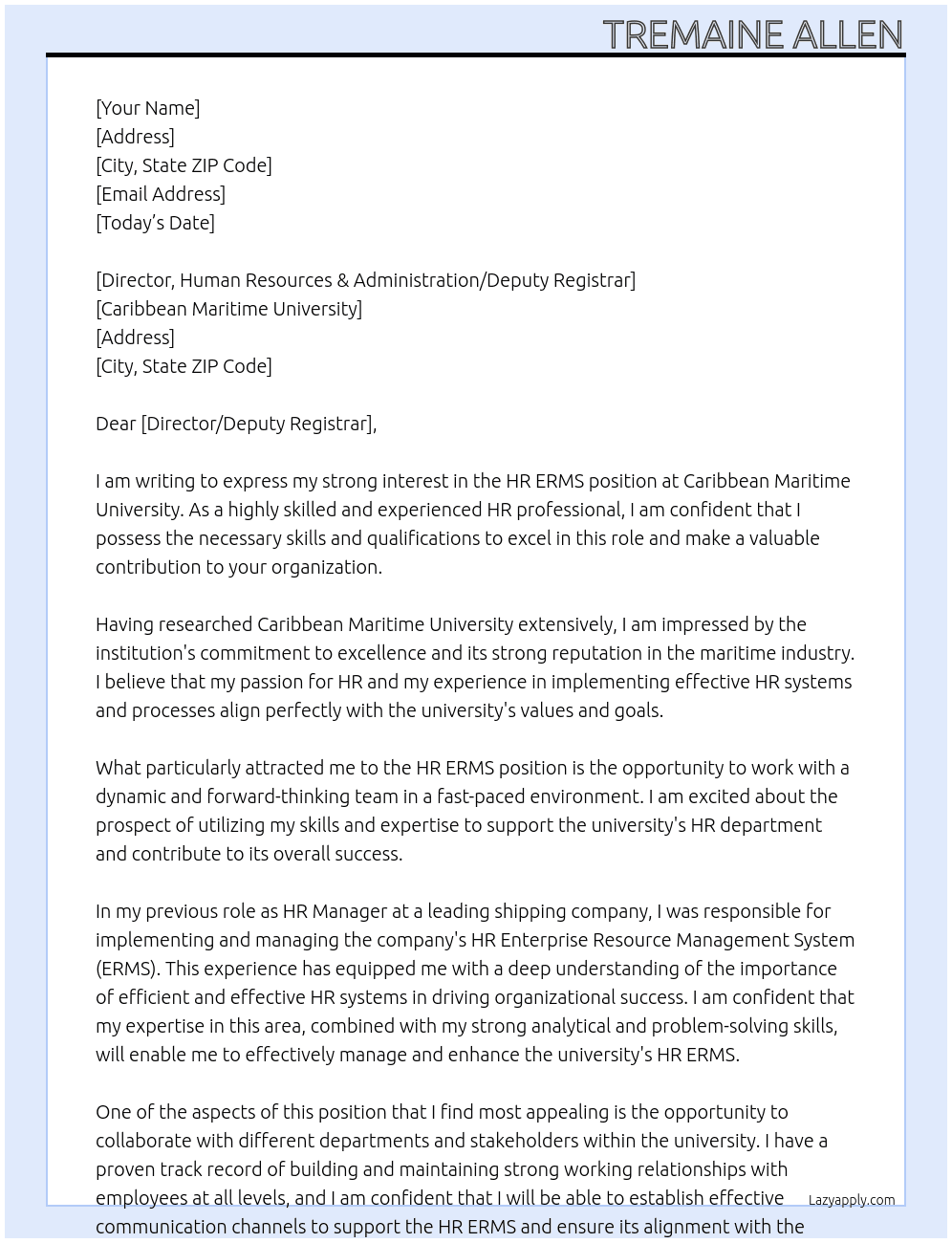 HR ERMS At Caribbean Maritime University Cover Letter