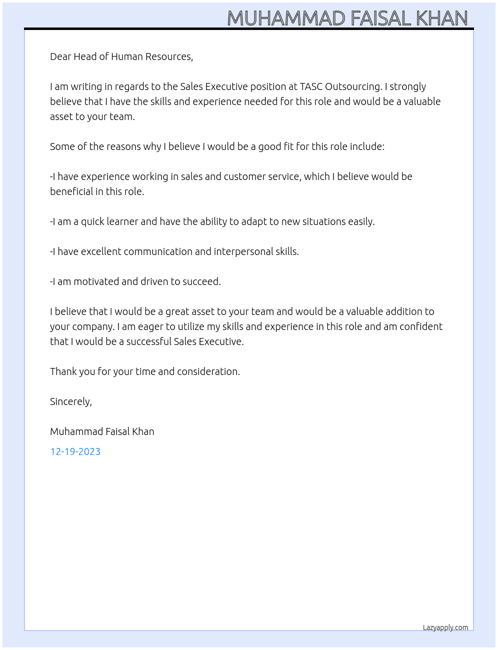 Sales Executive  At TASC Outsourcing  Cover Letter