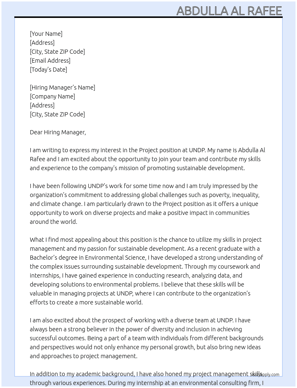 Project At UNDP Cover Letter