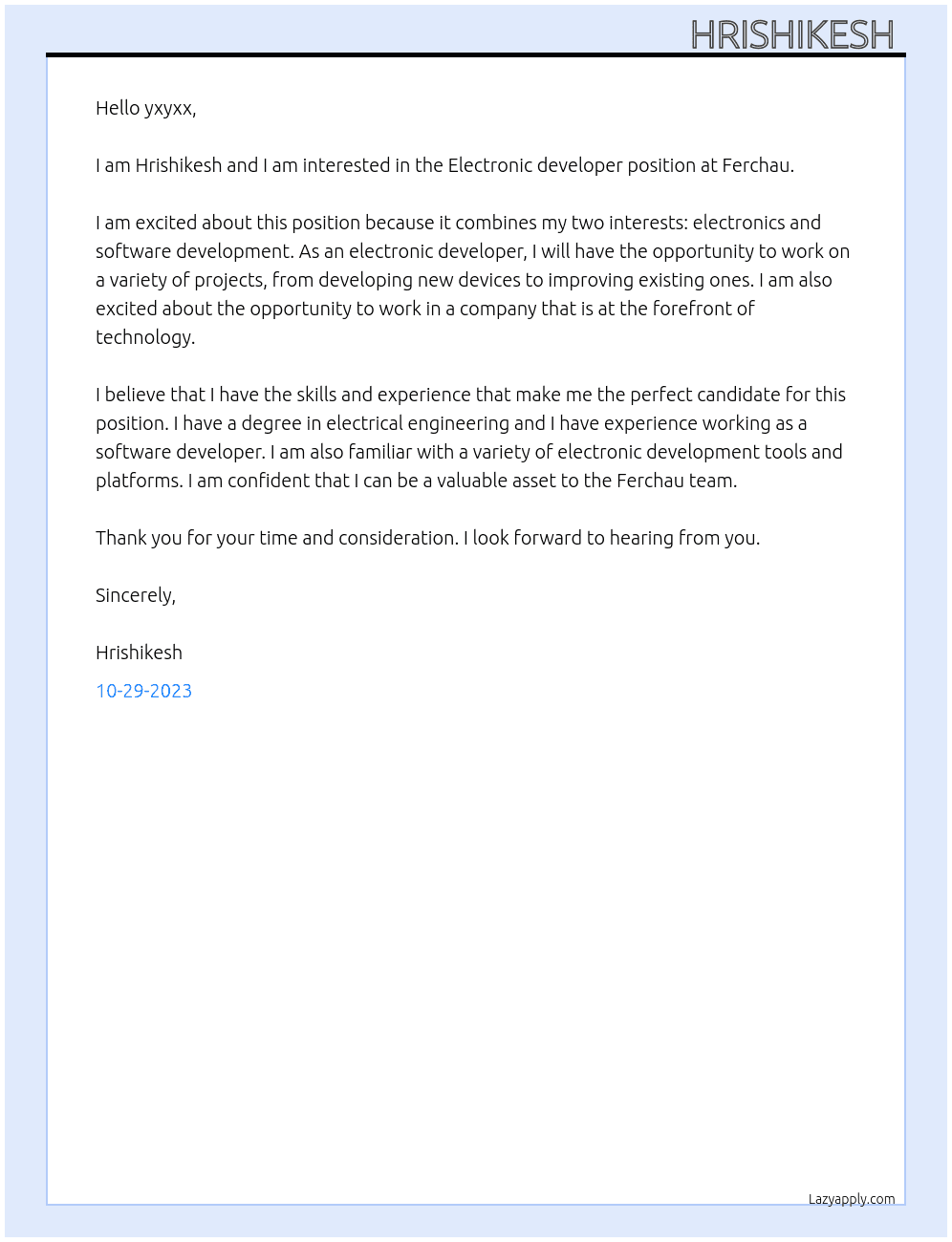Electronic developer At Ferchau Cover Letter
