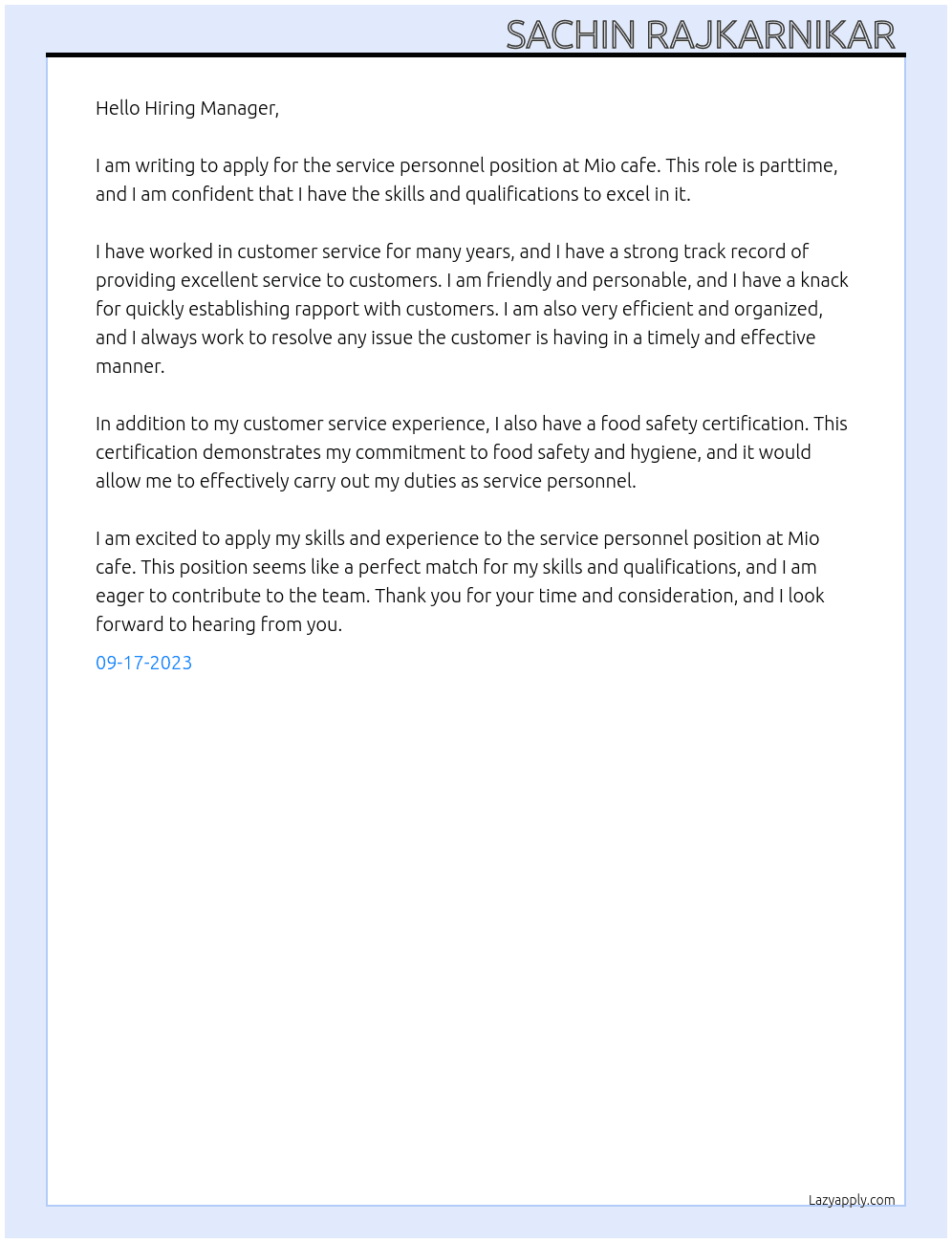 Service personnel  At Mio cafe Cover Letter