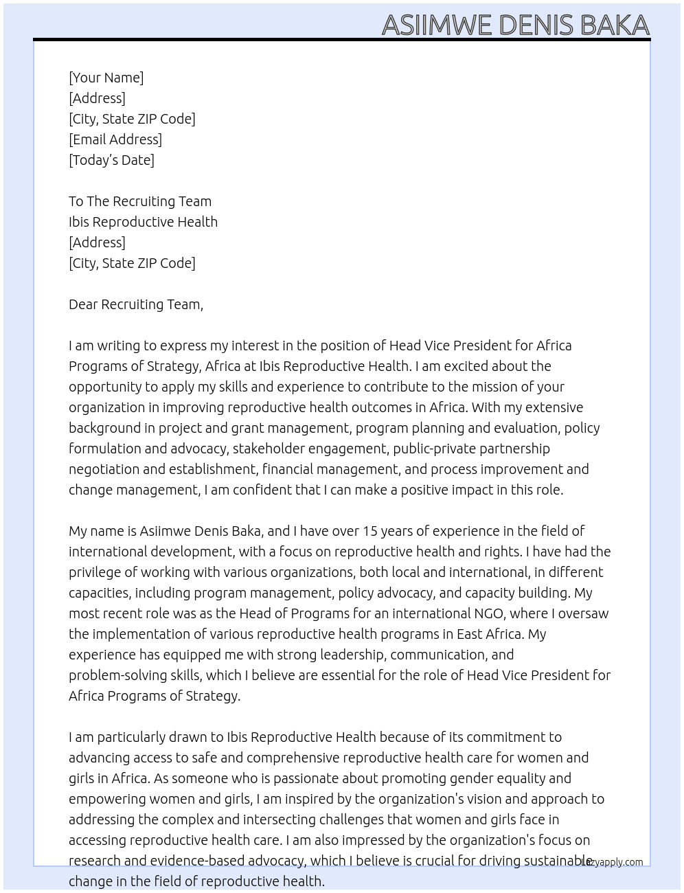 HeaVice President for Africa Programsd of Strategy, Africa At Ibis Reproductive Health  Cover Letter