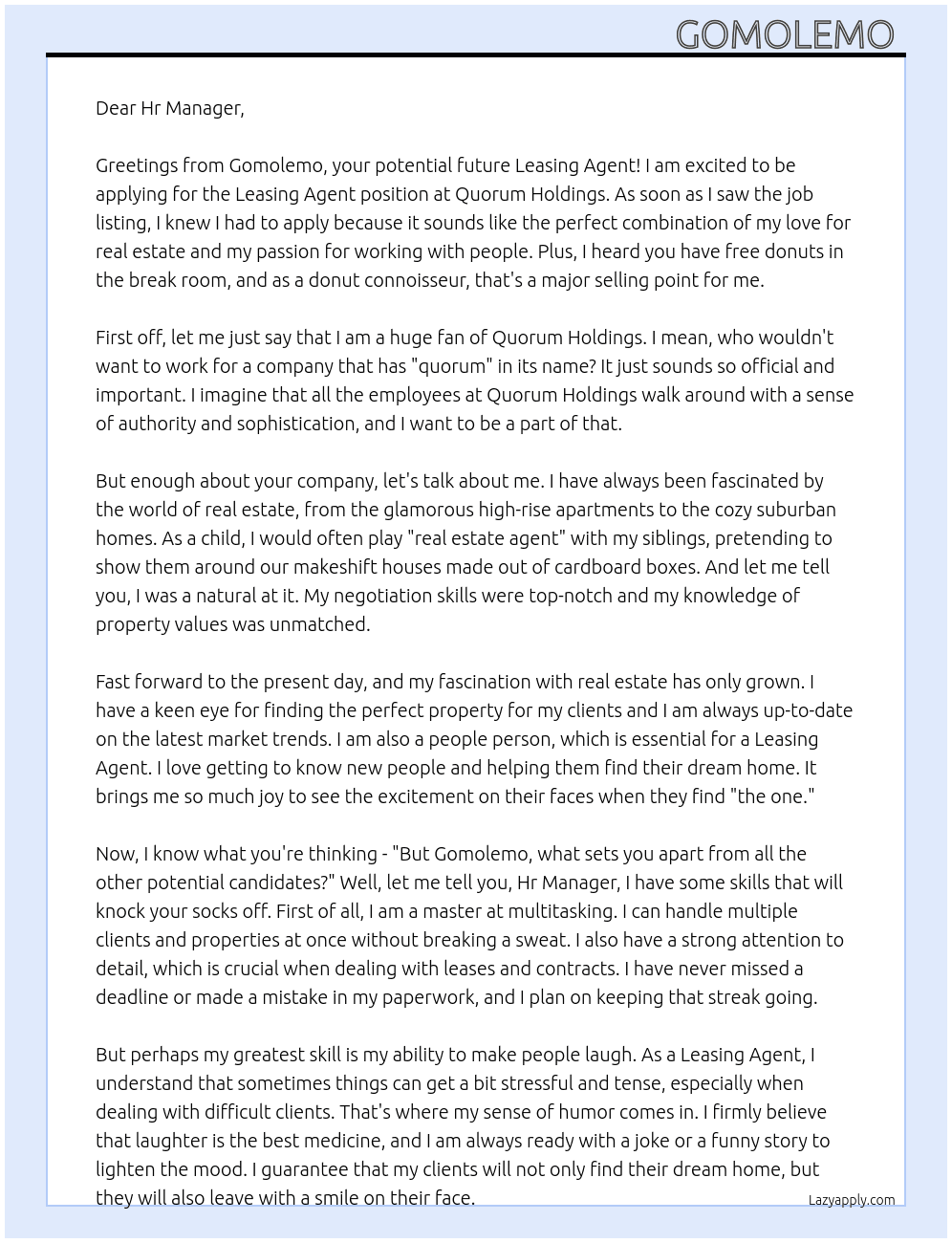 Leasing agent  At Quorum Holdings Cover Letter