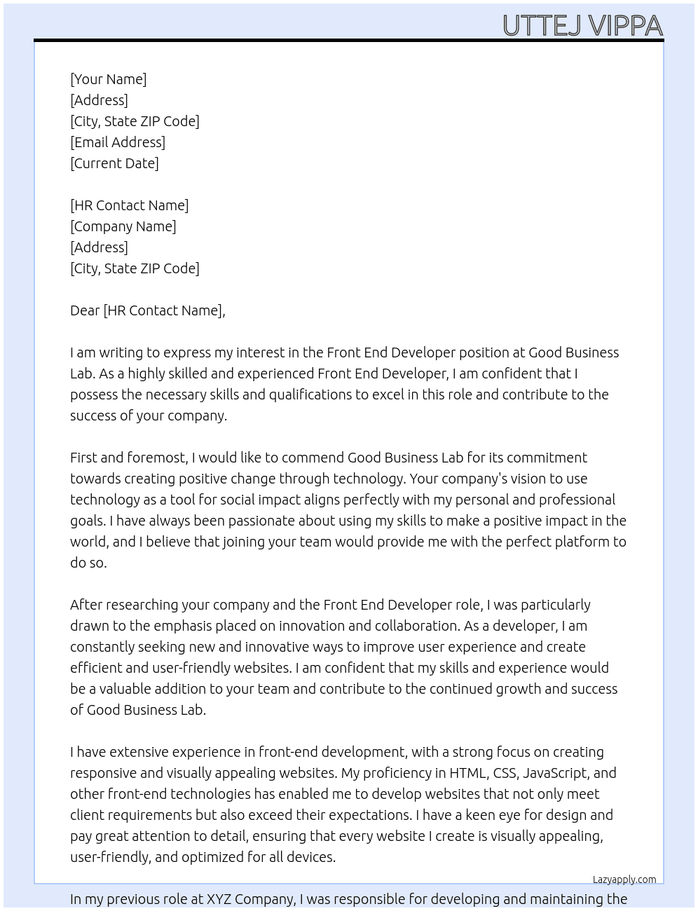 FRON END DEVELOPRT At GOOD BUSINESS LAB Cover Letter