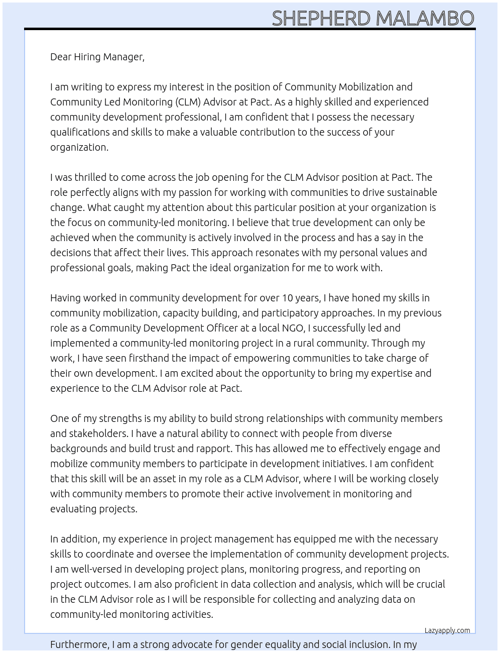 Community Mobilization and Community Led Monitoring (CLM) Advisor At Pact Cover Letter