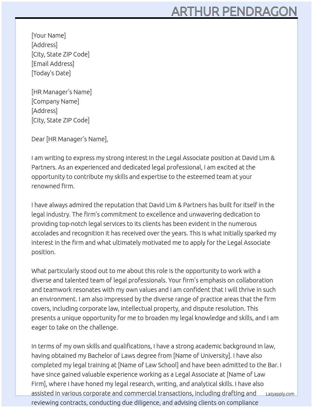 Legal Associate At David Lim & Partners Cover Letter