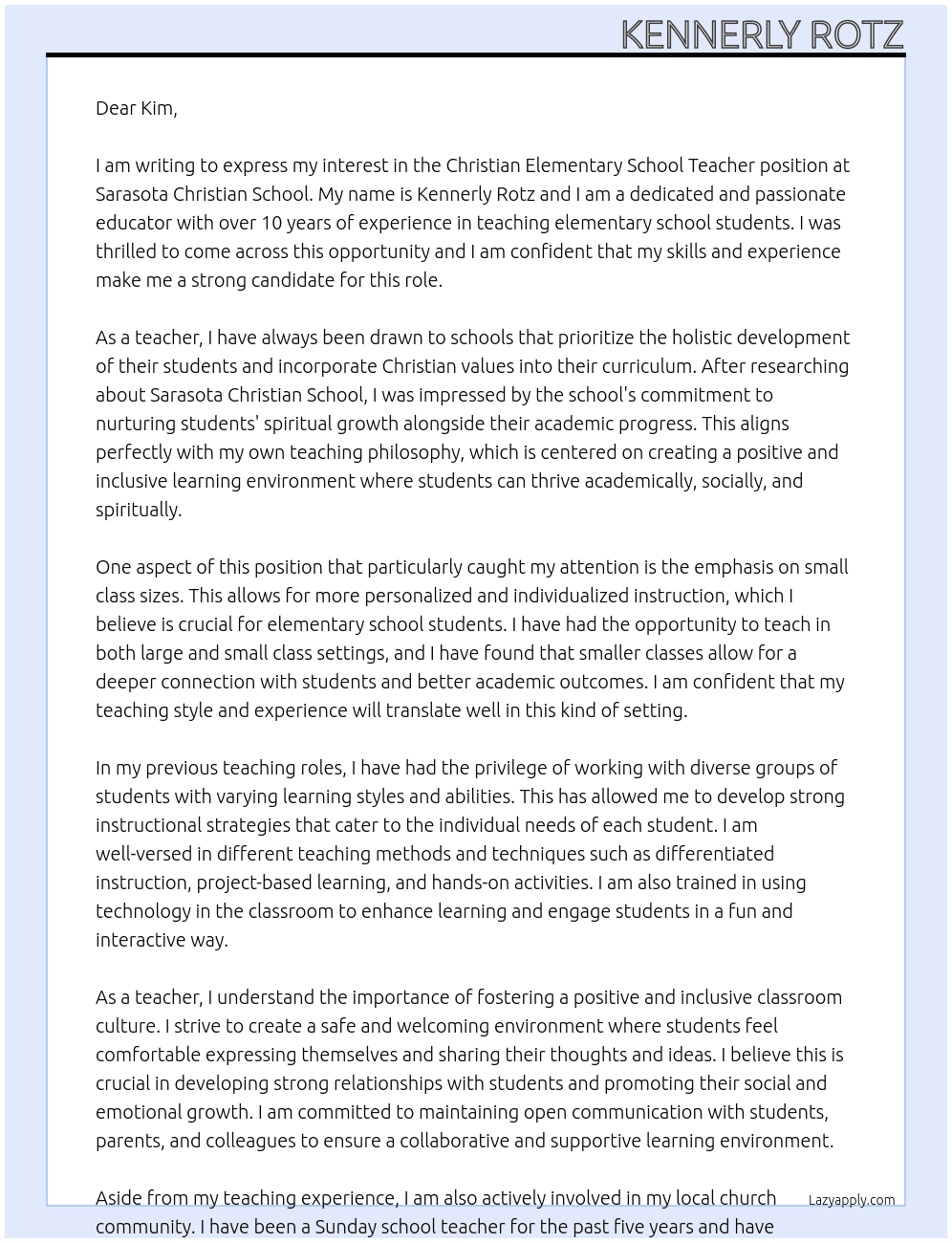 christian elementary School teacher At Sarasota Christian School Cover Letter