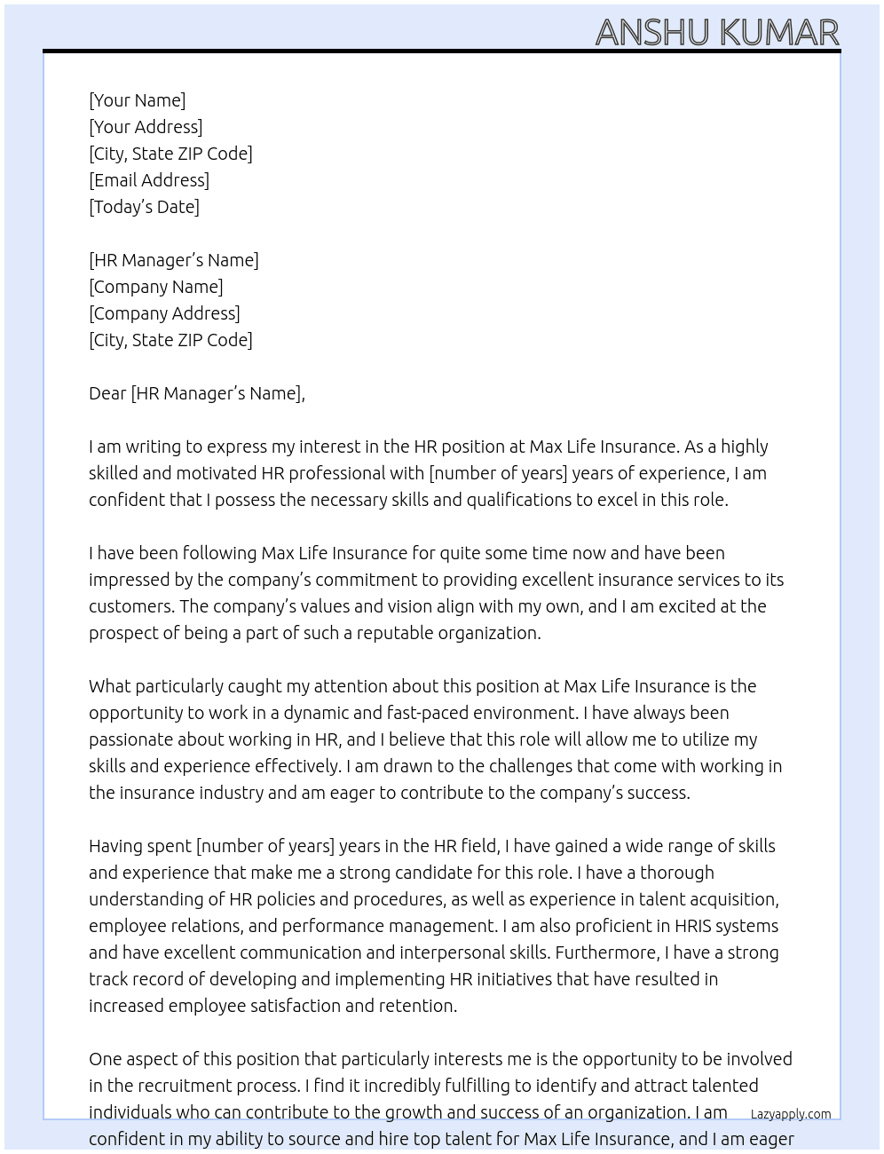 HR At Max Life Insurance Cover Letter