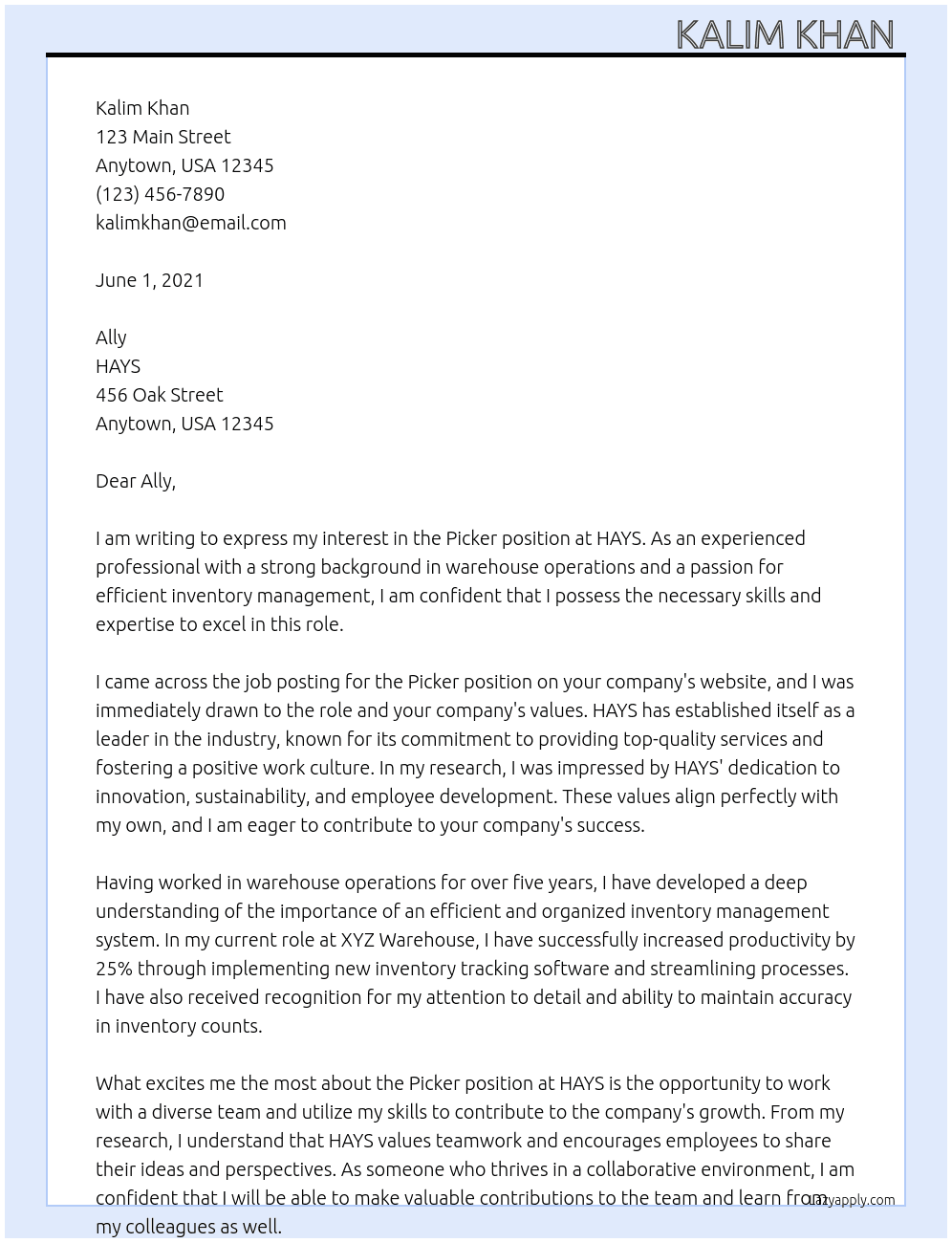 Picker At HAYS Cover Letter