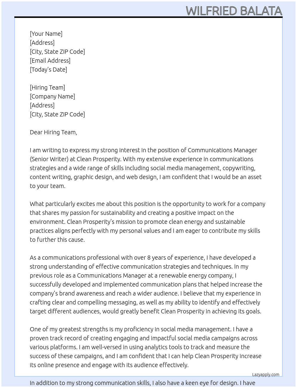 Communications Manager (Senior Writer) At Clean Prosperity Cover Letter