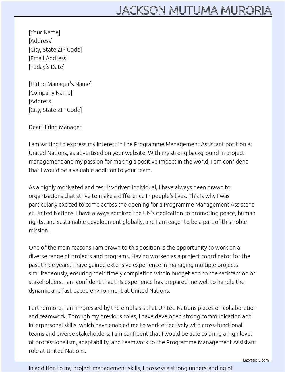 Programme Management Assistant At united nation Cover Letter
