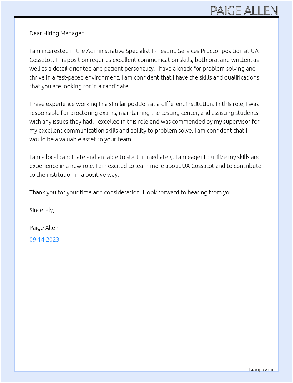 Administrative Specialist II- Testing Services Proctor At UA Cossatot Cover Letter