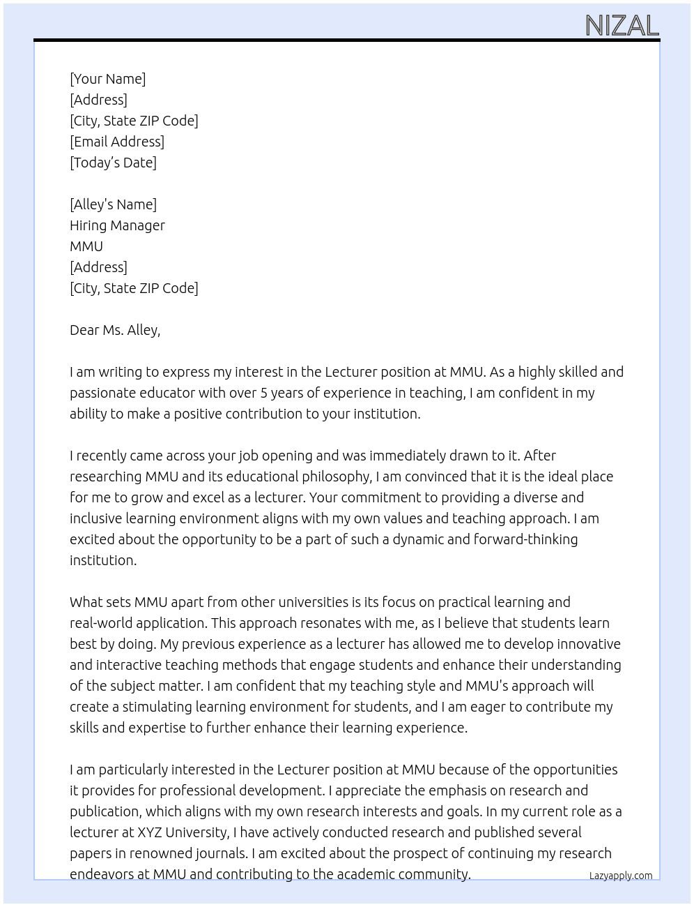 Lecturer At MMU Cover Letter
