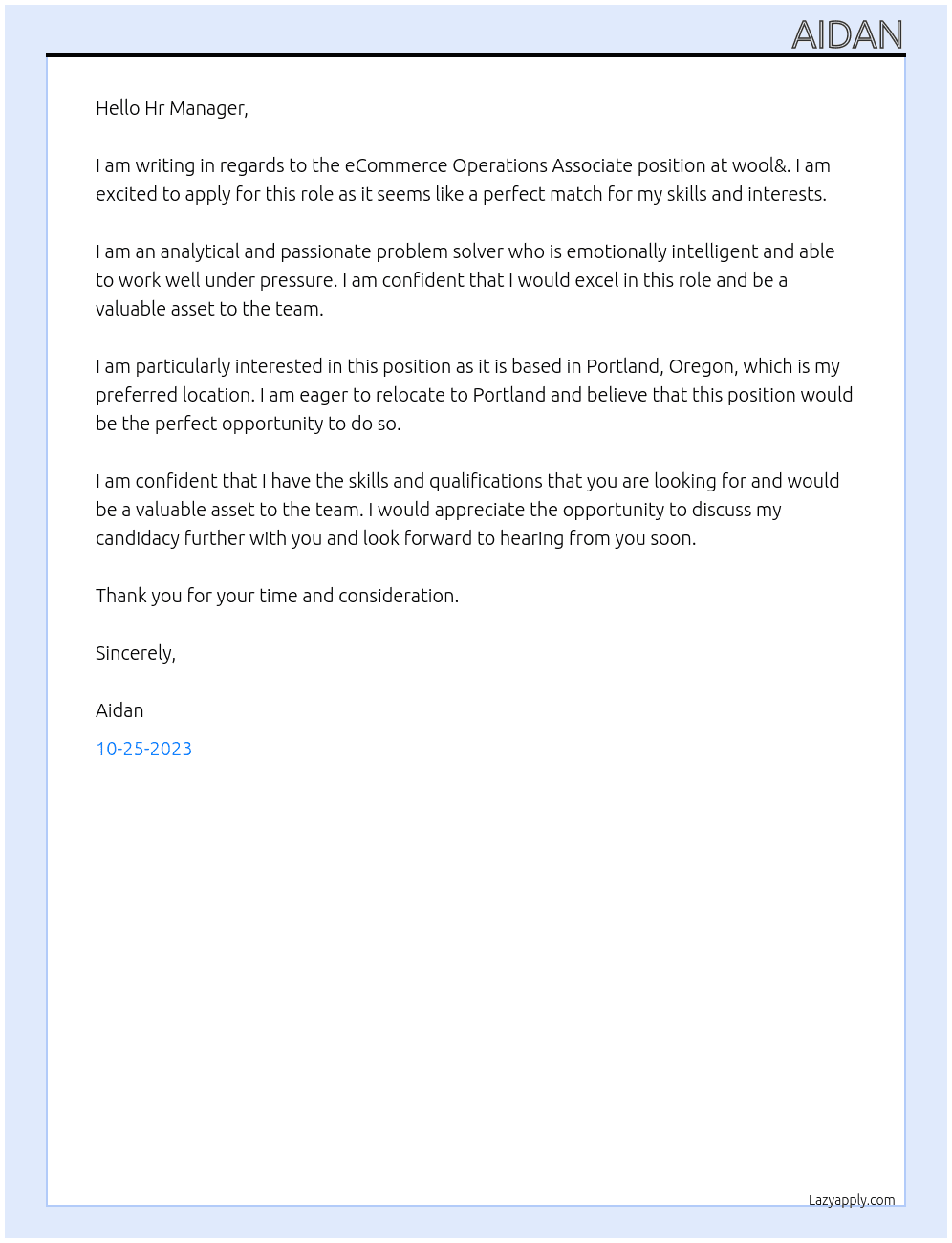 eCommerce Operations Associate At wool& Cover Letter