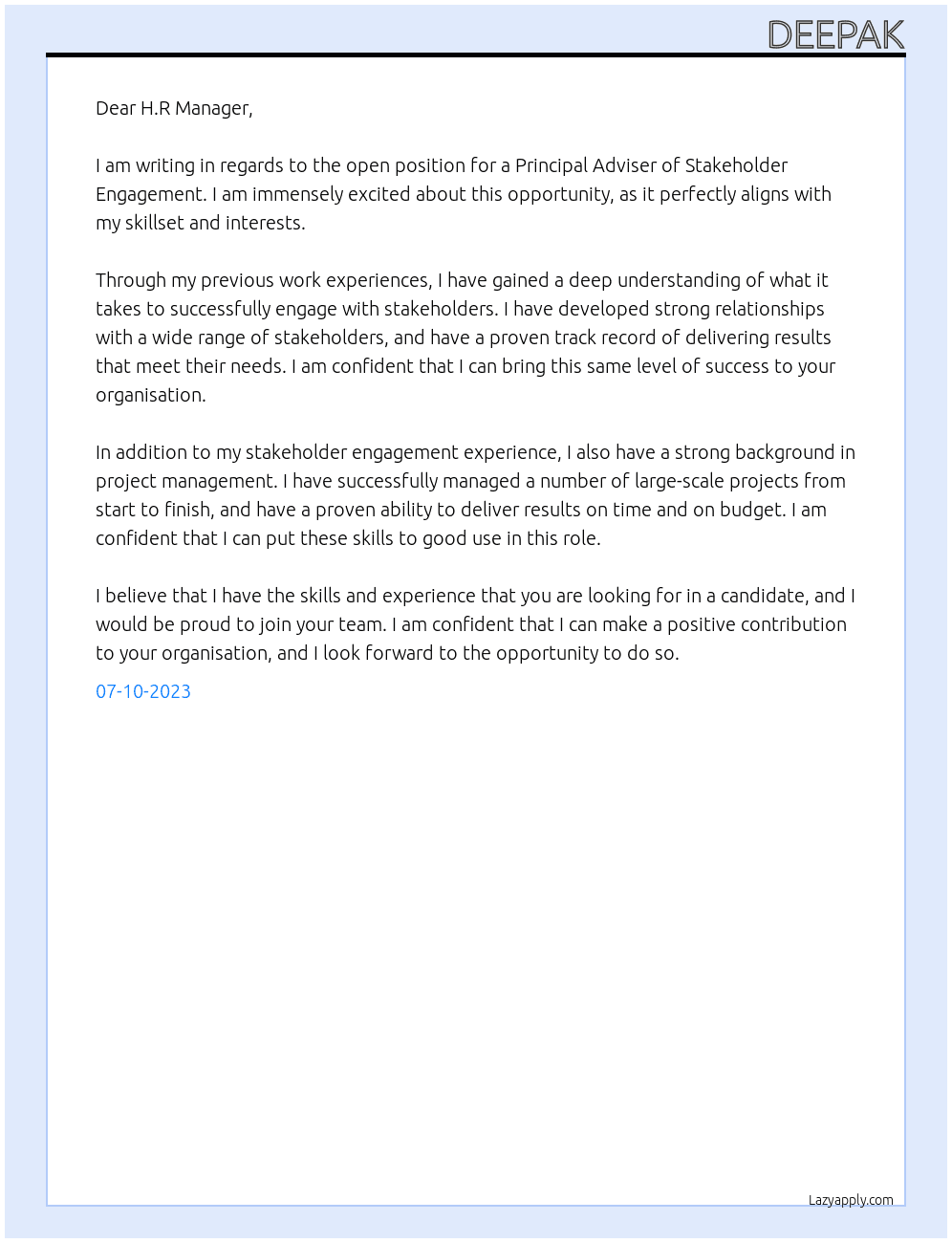 principal adviser stakeholder engagement At principal adviser stakeholder engagement Cover Letter