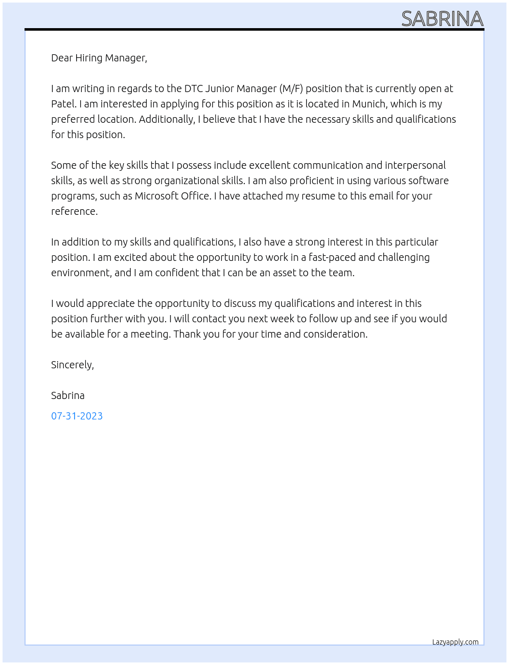 DTC Junior Manager (M/F) At Patel Cover Letter