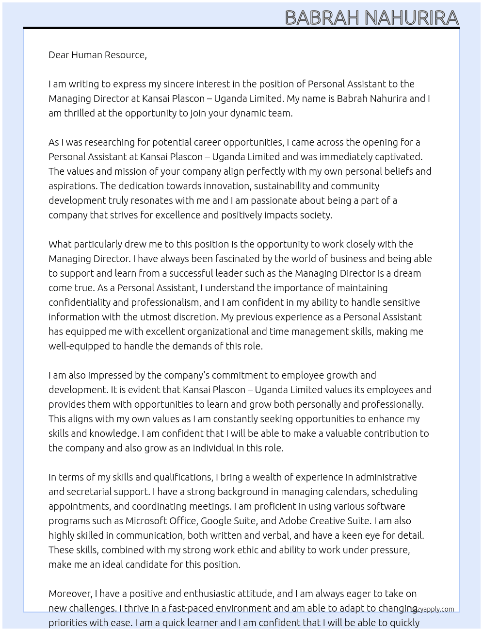 Personal Assistant to Managing Director At Kansai Plascon – Uganda Limited Cover Letter