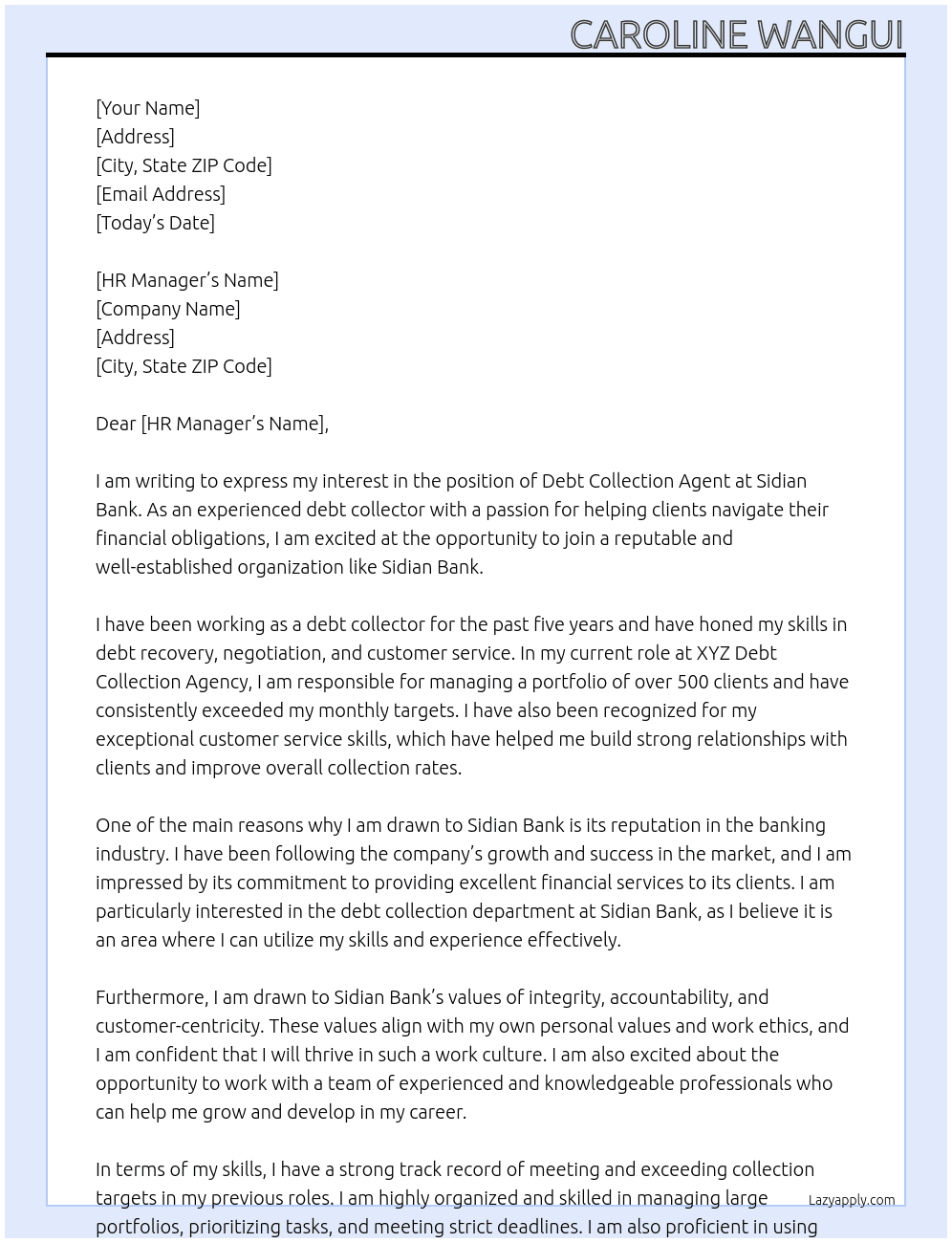 debt collection agent At sidian bank Cover Letter