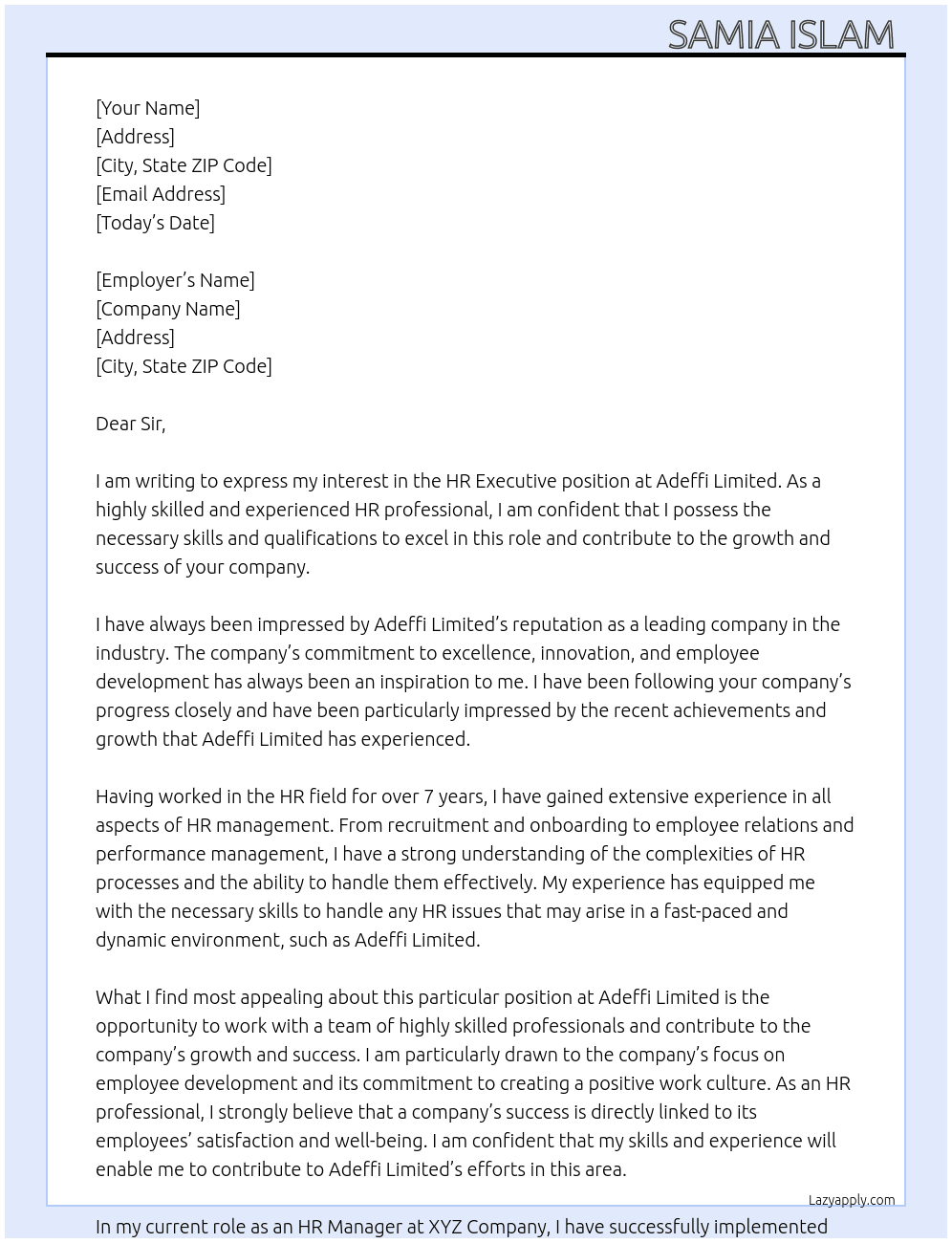 Hr executive  At Adeffi limited  Cover Letter