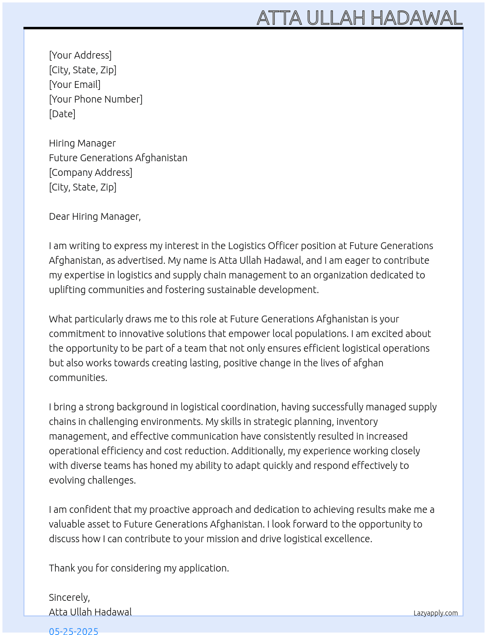 Logistic officer At Future Generations Afghanistan Cover Letter
