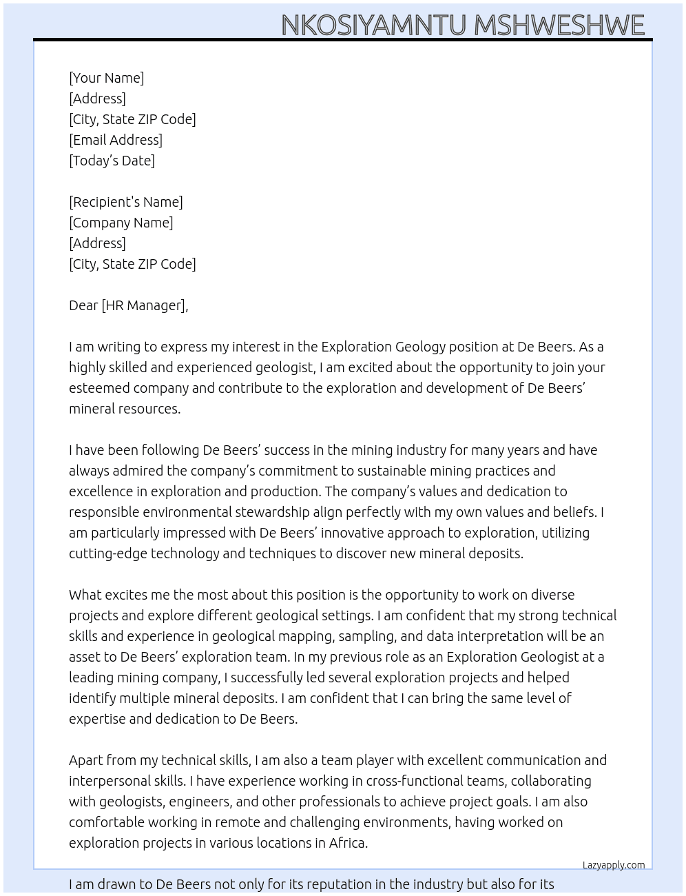 Exploration geology  At De Beers Cover Letter