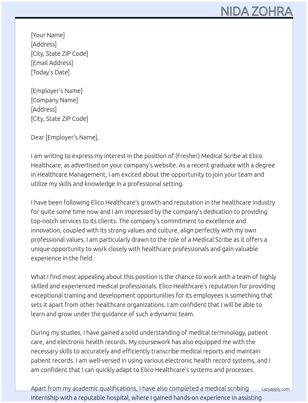 (Fresher)Medical scribes  At Elico Healthcare  Cover Letter