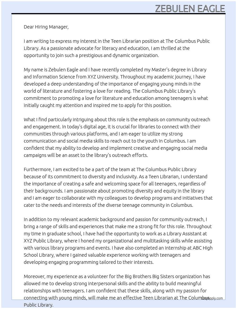 Teen Librarian At The Columbus Public Library Cover Letter