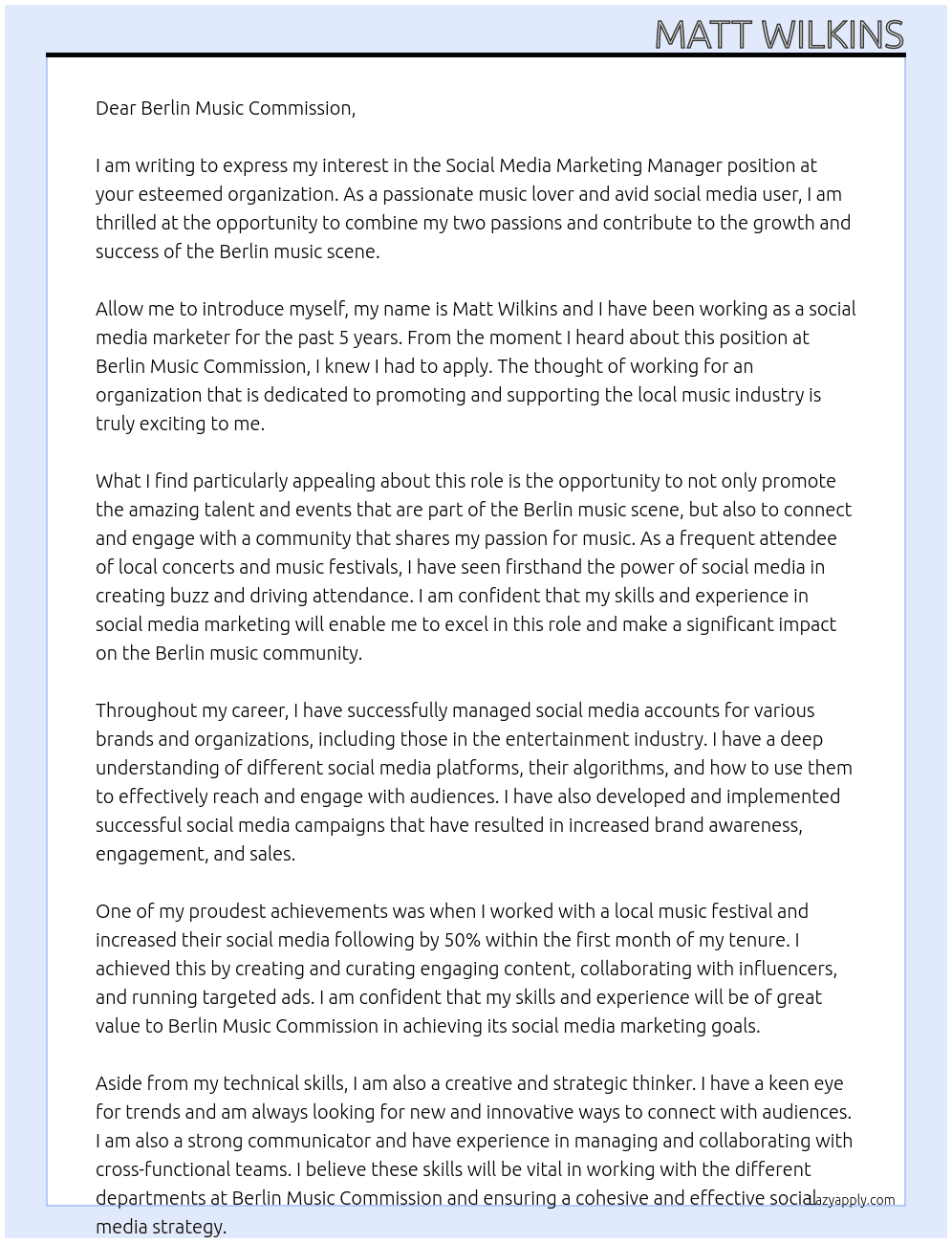 Social Media Marketing Manager At Berlin Music Commission Cover Letter