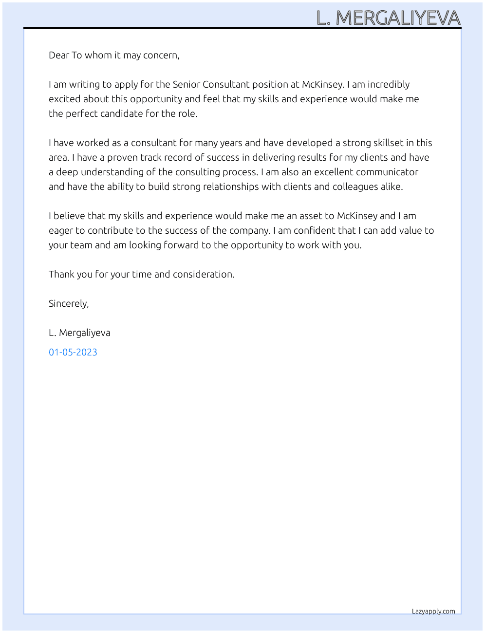 Senior Consultant  At McKinsey Cover Letter