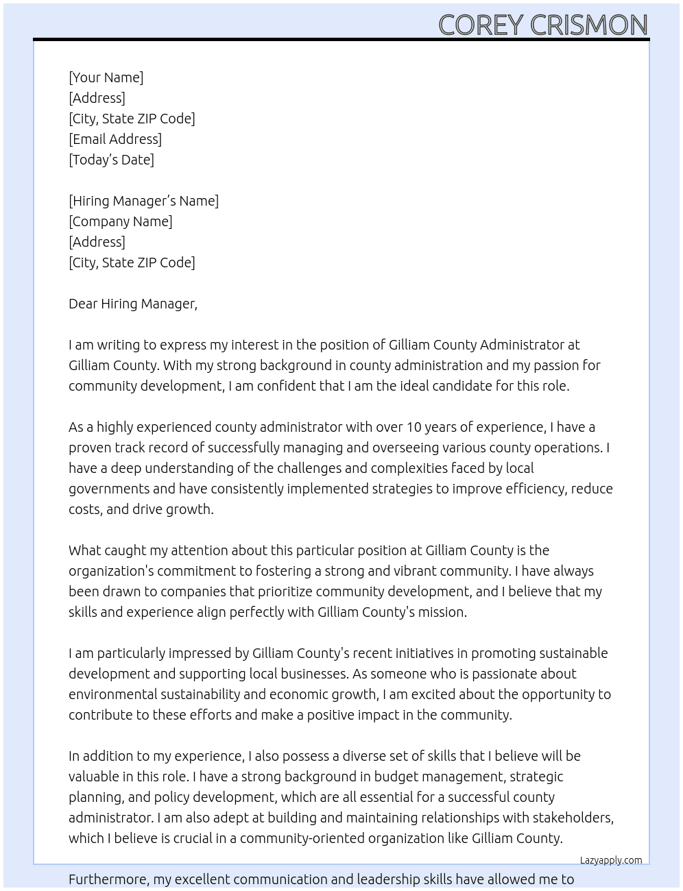 Gilliam County Administrator At Gilliam County Cover Letter
