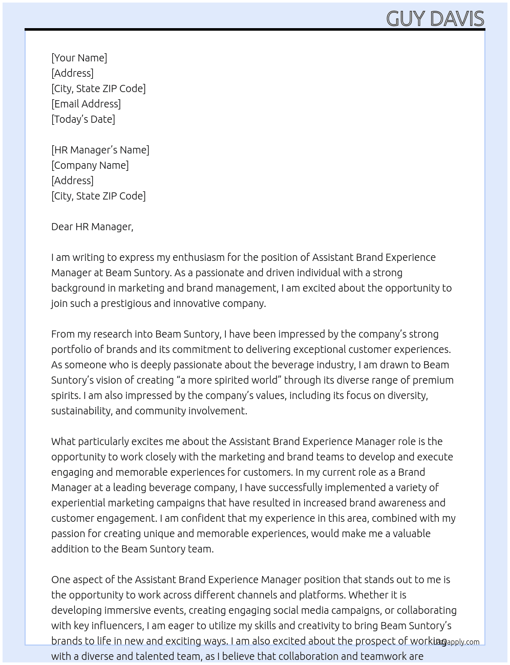 Assistant Brand Experience Manager At Beam Suntory Cover Letter
