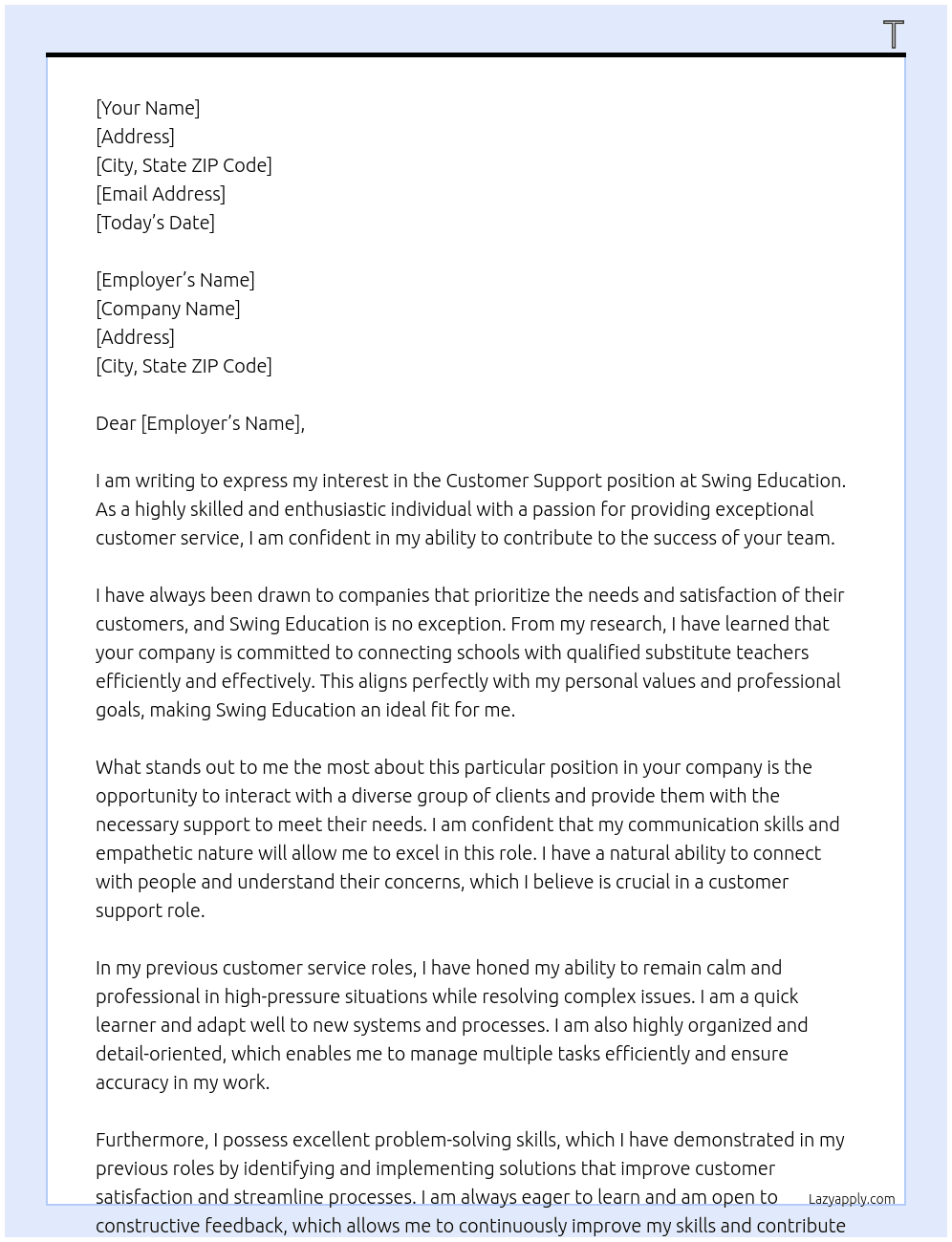 Customer support At Swing Education Cover Letter
