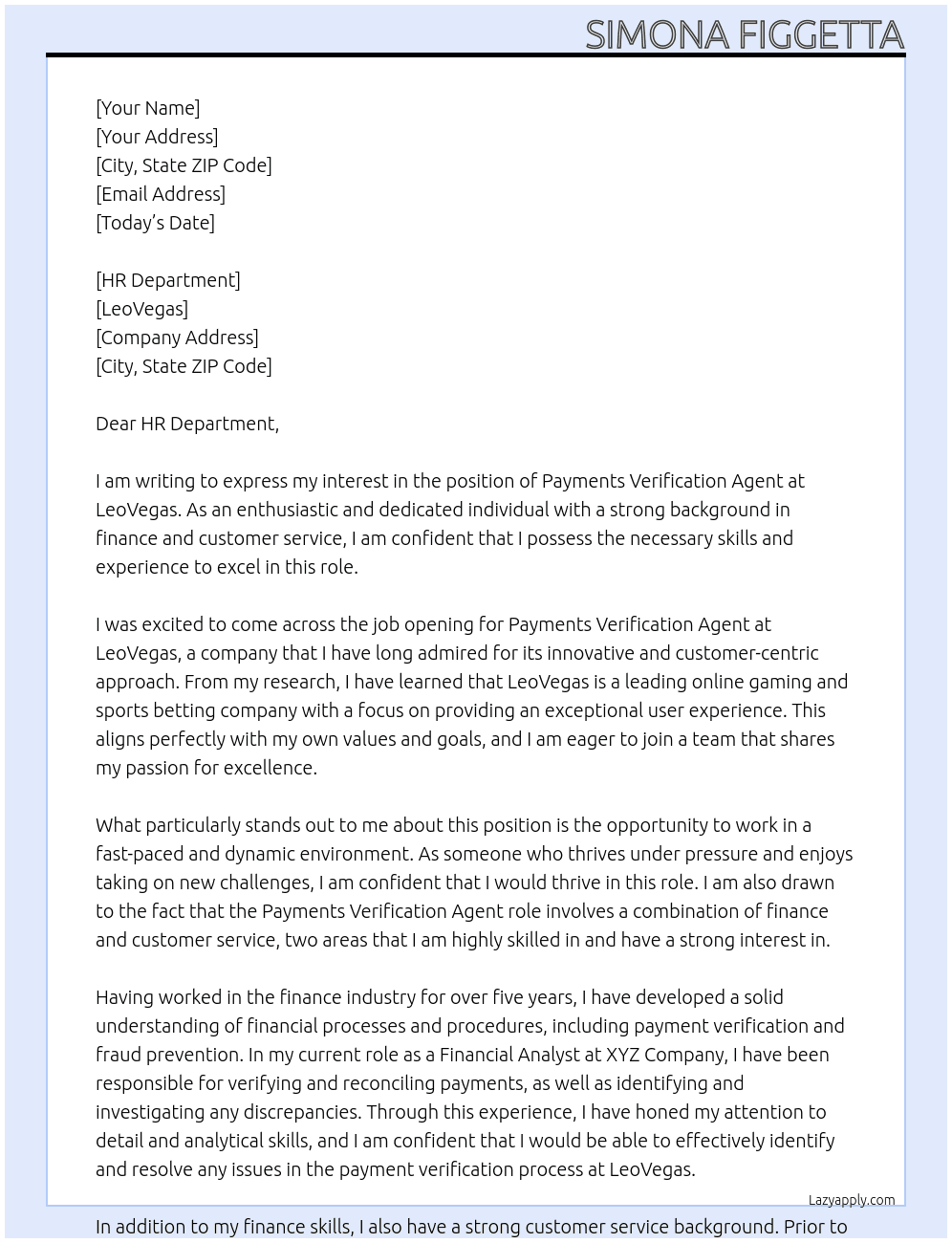 Payments verification agent At LeoVegas  Cover Letter