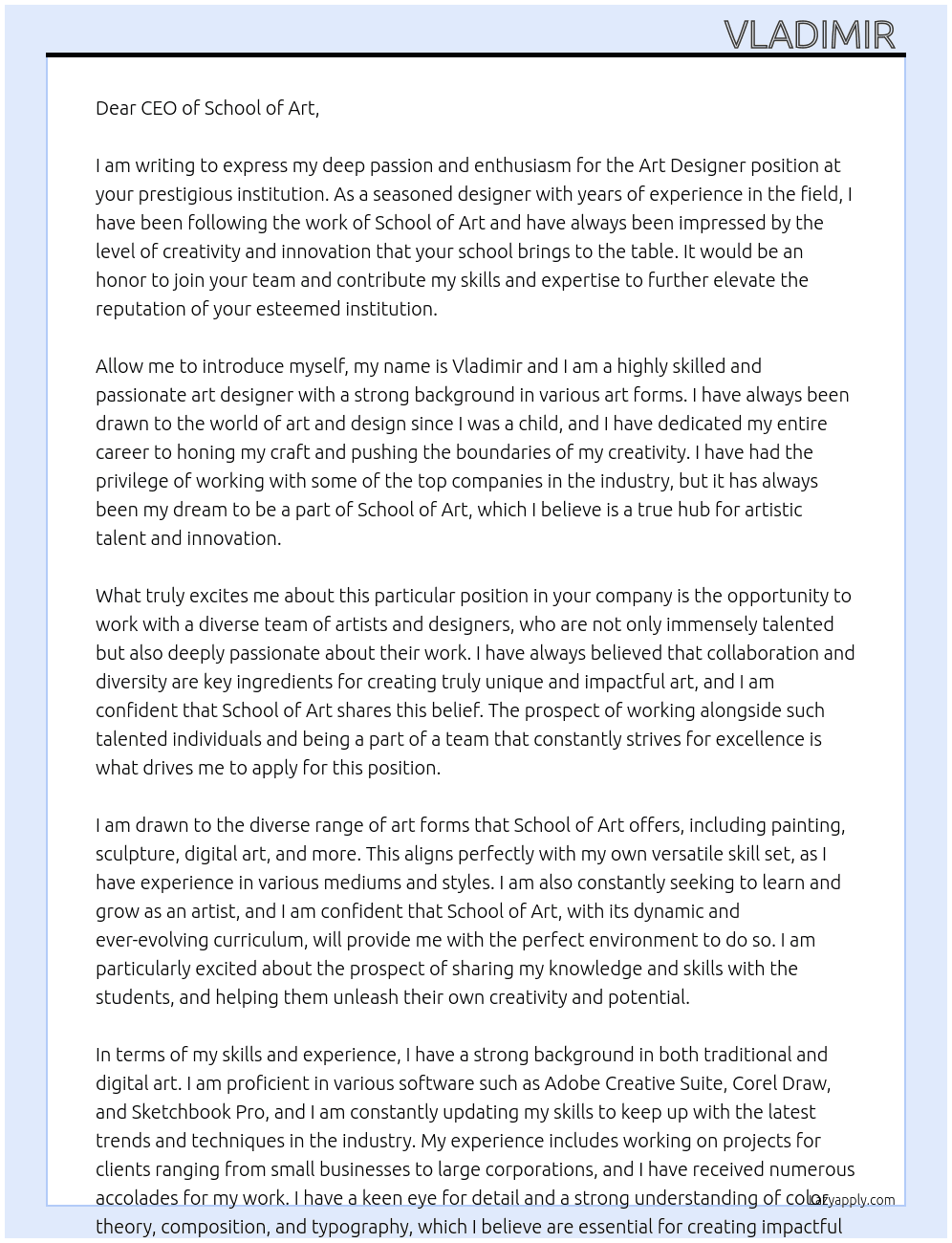 Art designer At School of Art Cover Letter