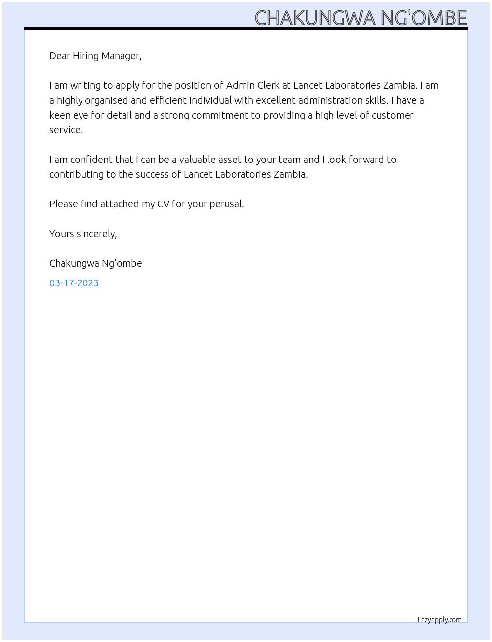 Admin Clerk At Lancet Laboratories Zambia Cover Letter