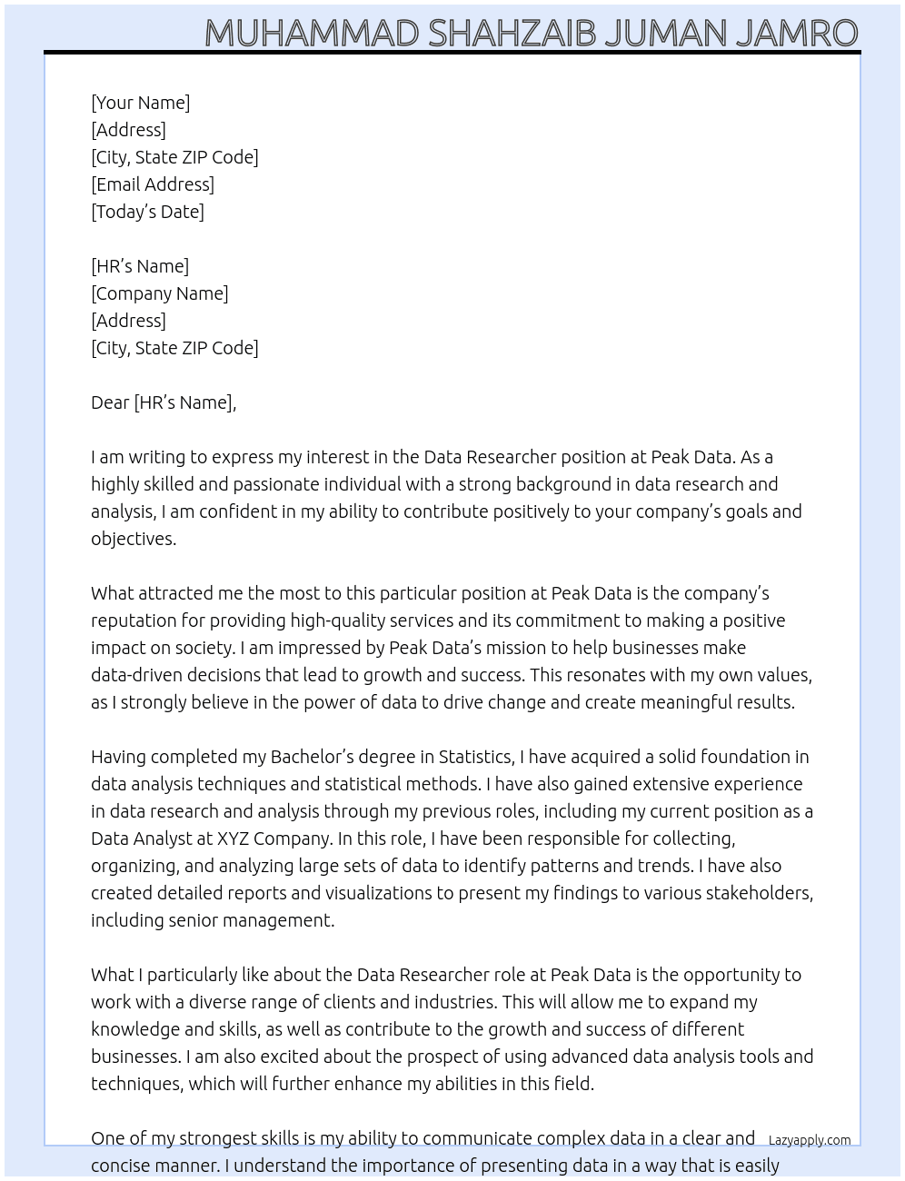 Data Researcher At Peak Data Cover Letter