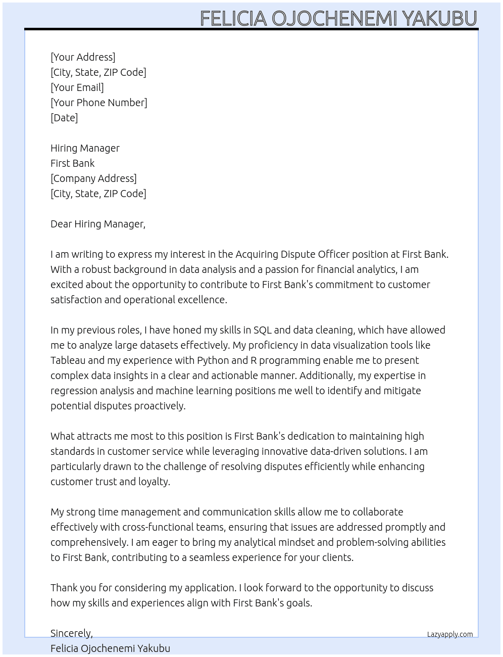 Cover letter for acquiring dispute officer - LazyApply
