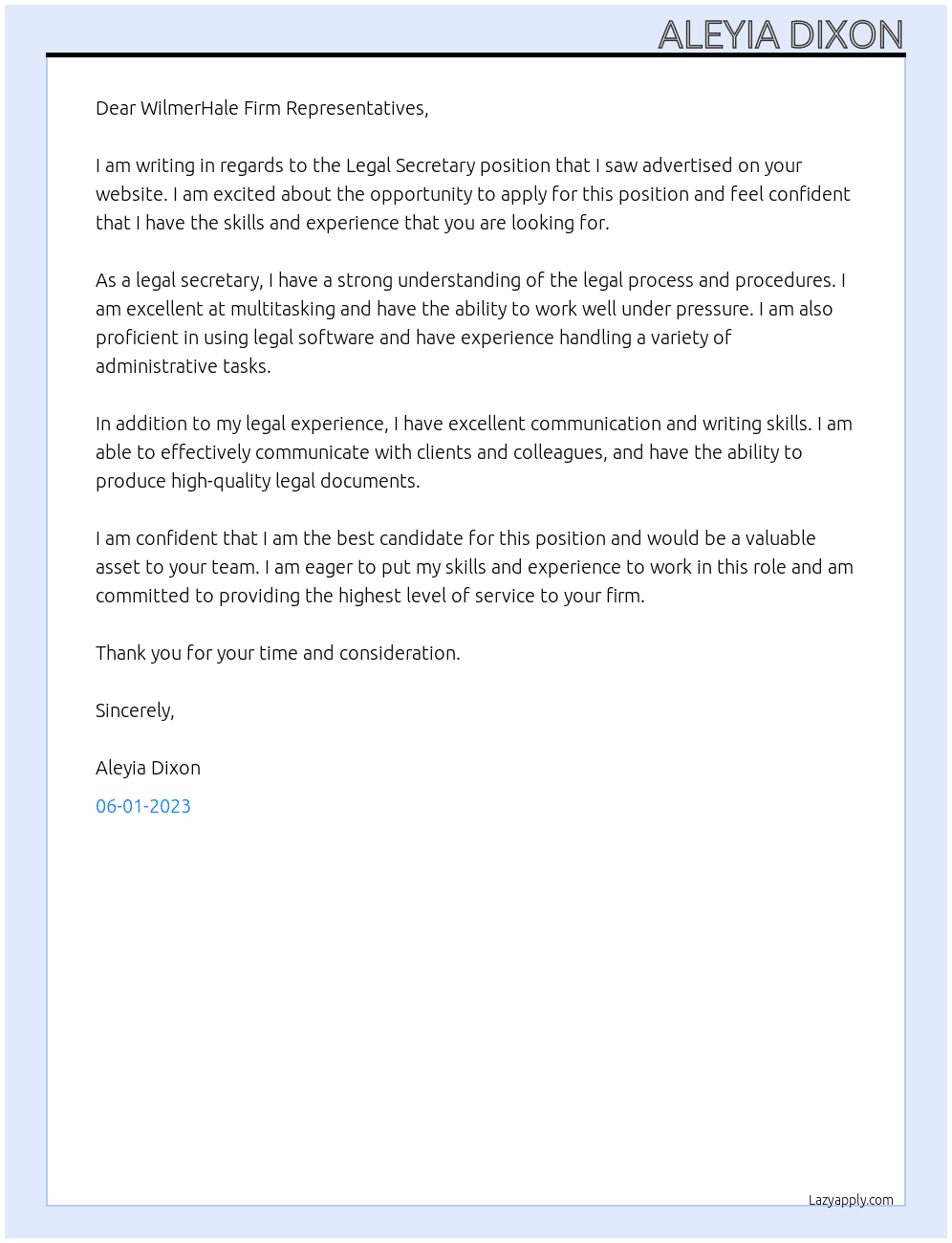Legal Secretary At WilmerHale Cover Letter