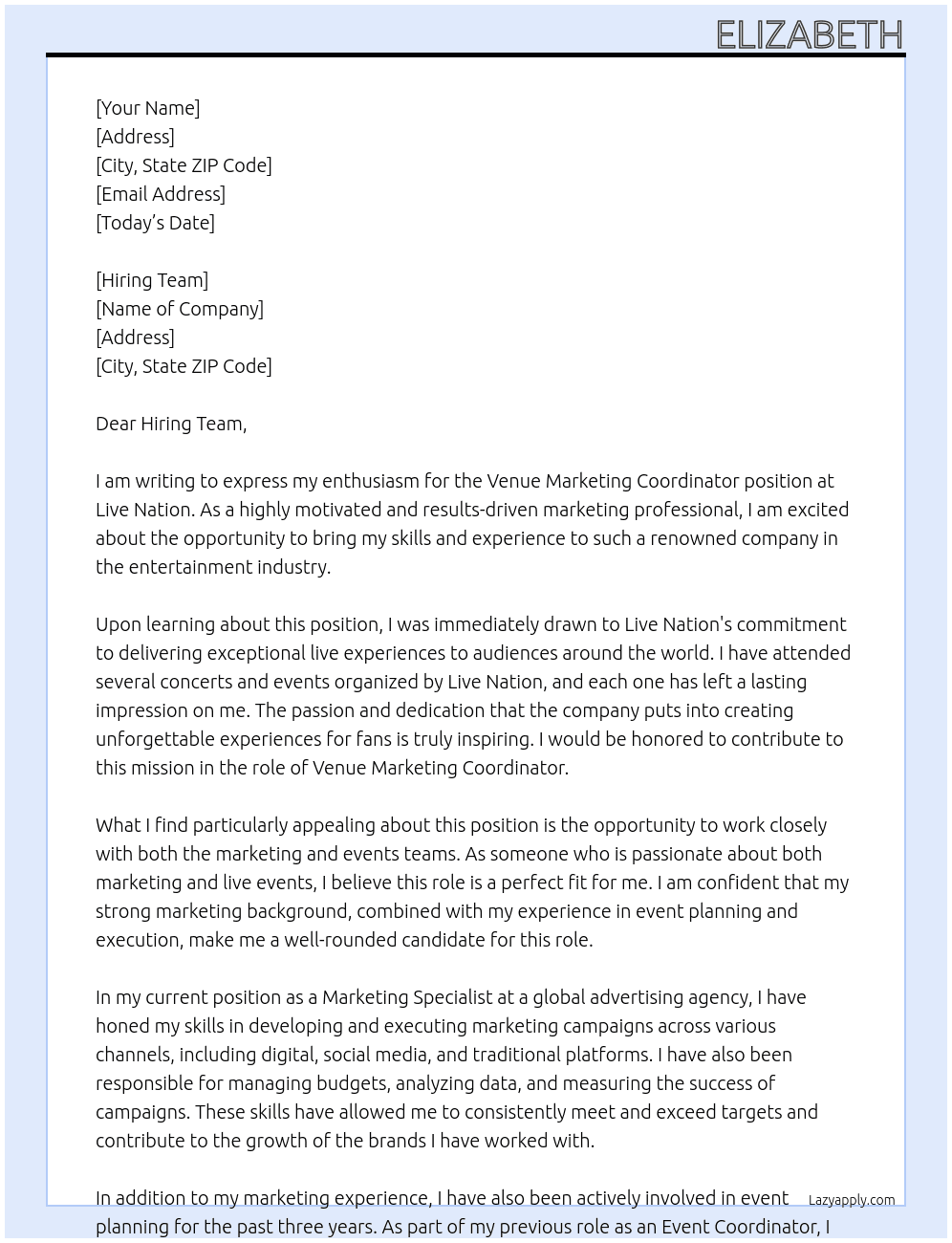 Venue Marketing Coordinator At Live Nation Cover Letter