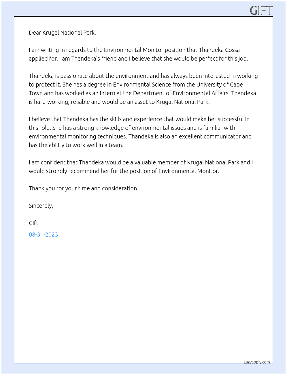 Environmental Monitor At Krugal National Park Cover Letter